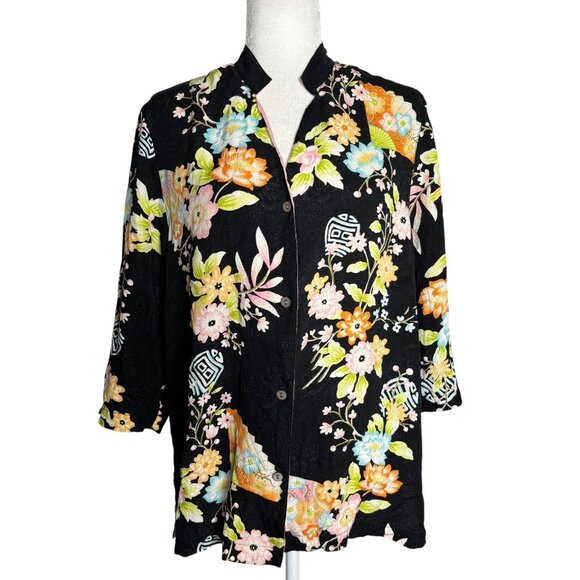 Silk Button Down Kimono Style Blouse Large Black Floral Mandarin Collar - Picture 1 of 6